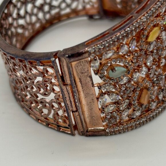 Vintage Filigree Hinge Bracelet Rose Gold-tone Rhinestones Safety Clasp - Picture 5 of 16